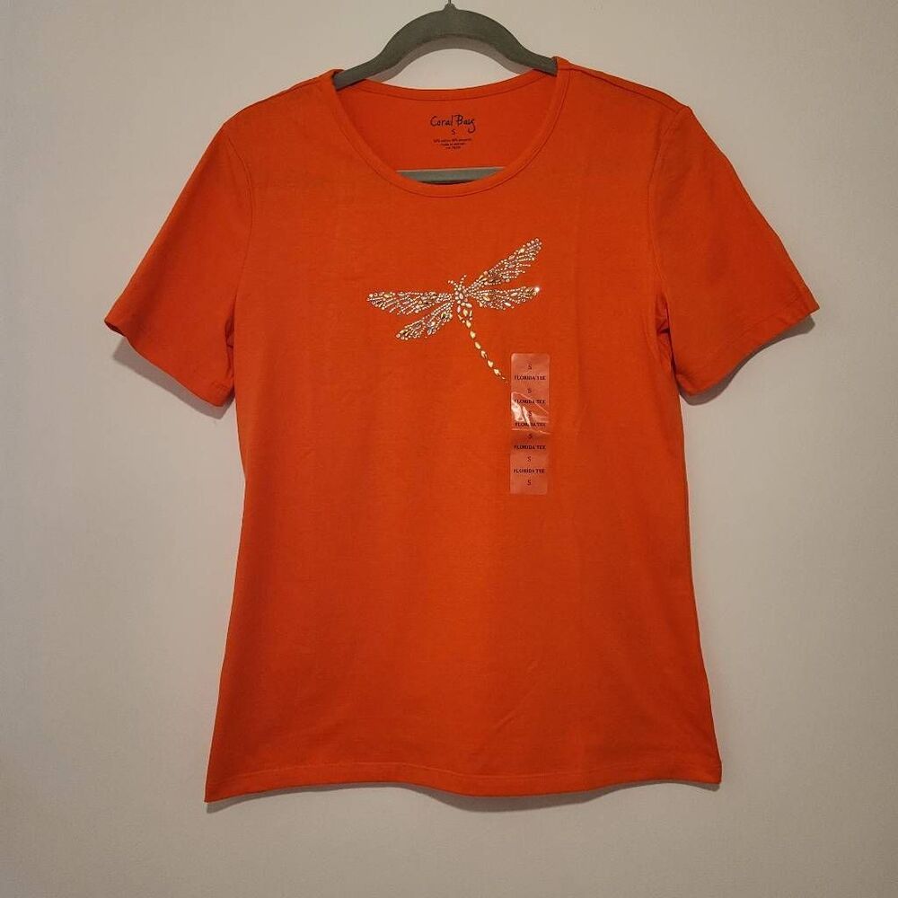 Coral Bay Women Embellished Dragonfly Short Sleeve Top Small Orange